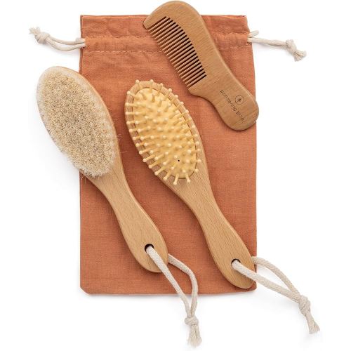 Natural Baby Brush Set - Wooden Brushes and Comb With Boho Travel Bag for Girl or Boy - Soft Goat Hair Brush for Cradle Cap, Bamboo Toddler Brush, Newborn Hairbrush for Scalp Grooming