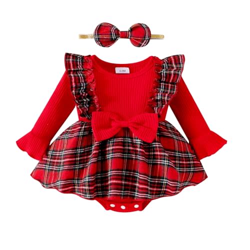 DOMOABEI Baby Girl Clothes Cute Plaid Romper Dress Ruffle Long Sleeve One-piece Jumpsuit Bodysuit with Bow Headband