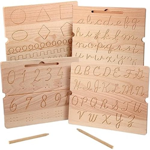 MotiMind 2 Pcs Wood Cursive Alphabet Number Tracing Board Montessori Letter Tracing Board Writing Tools Double Sided with Wooden Pen Letter Tracing Learn to Write for Boys Girls Preschool Classroom