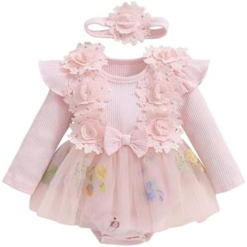 Giraropa Baby Girl Fall Winter Clothes Long Sleeve Romper Dress + Socks + Headband Newborn Infant Cute Casual Outfits