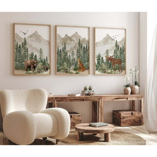 Adventure Theme Nursery 3 Pieces Forest Woodland Animal Poster Painting Mountain Tree Canvas Pictures Artwork for Nursery Couple Bedroom Home Decor with Wooden Inner Frame