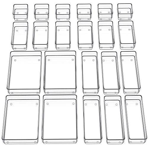 SMARTAKE 22-Piece Drawer Organizer with Non-Slip Silicone Pads, 4-Size Clear Desk Drawer Organizer Trays Storage Tray for Makeup, Jewelries, Utensils in Bedroom Dresser, Office and Kitchen, Clear