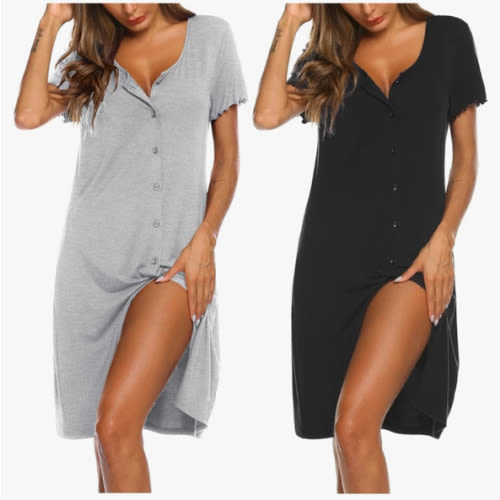 Ekouaer 2 Pack Nightgowns for Women Button Down Night Shirts Short Sleeve Sleep Shirts V Neck Sleepwear Pajama Dress