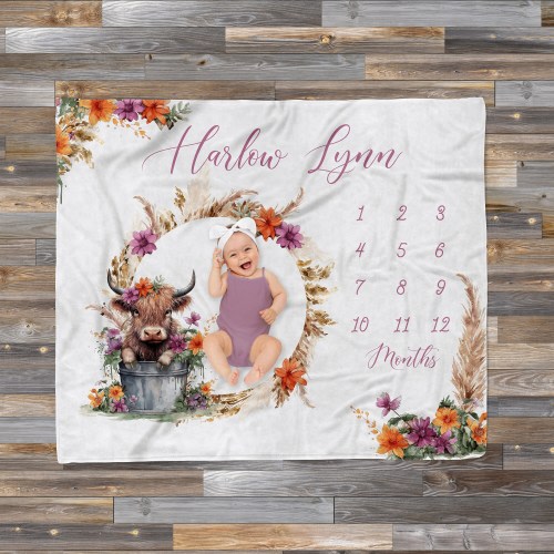 Highland Cow Milestone Blanket, Baby Month Blanket, Baby Girl Milestone, Track Growth, Keepsake, Baby Shower Gift Blanket