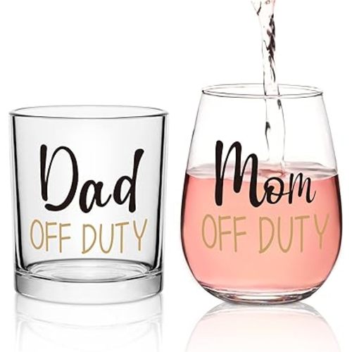 Futtumy Dad & Mom Gift Set - Off Duty Whiskey & Stemless Wine Glass Combo for Father's Day, Mother's Day, Christmas, Birthday, Baby Showers & Daily Use