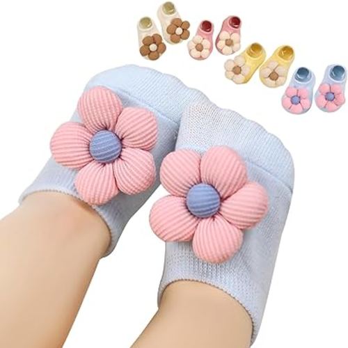 KEAINVRN 4Packs Baby Girls Socks,Flower Non-Slip Grips for Babies Toddler Princess Low Cut Ankle Socks for Girls