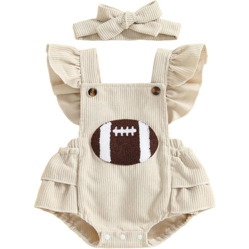 Infant Baby Girl Football Outfit Embroidery Ruffle Sleeve Romper Corduroy Bodysuit Jumpsuit Heaband Game Day Clothes