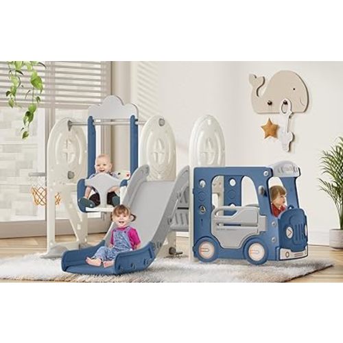 BIERUM Toddler Slide for Toddlers Age 1-3 with Basketball Hoop and Swing, Baby Slide for Kids Ideal Gift, Indoor Outdoor Backyard Playground Blue Gray