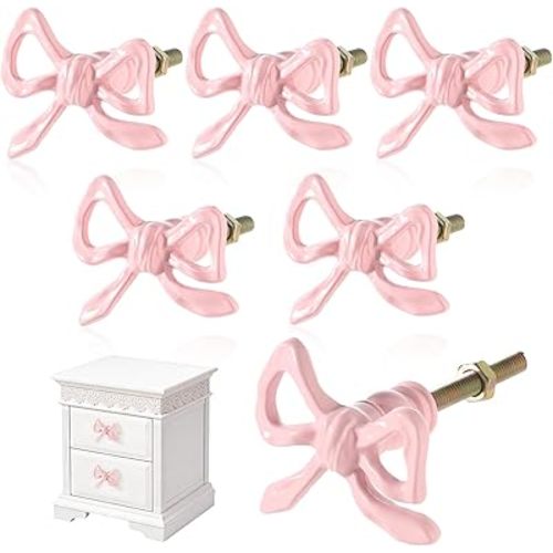 Oqqlin 6 Pcs Pink Bow Dresser Knobs, Metal Decorative Drawer Pulls with Screws Vintage Dressers Handles for Wardrobe, Cupboard, Dresser, Tables Decor