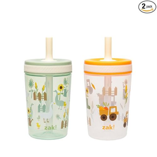 Zak Designs Kelso Toddler Cups For Travel or At Home, 15oz 2-Pack Durable Plastic Sippy Cups With Leak-Proof Design is Perfect For Kids (Silly Goose, Harvest)