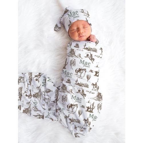 Personalized Western Cowboy Newborn Swaddle Blanket with name, Newborn baby hospital announcement Hat Bow Headband bundle set,receiving Gift