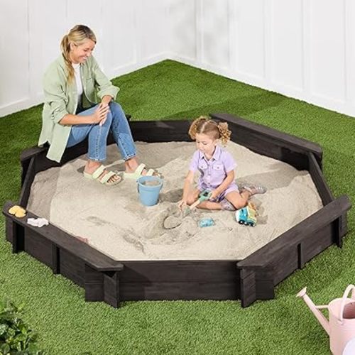 Best Choice Products Large Outdoor Octagon Wooden Sand Box for Kids, Sandbox with Cover, 4 Reinforced Benches Support up to 220 lbs Each, Bottom Liner for Drainage - Espresso