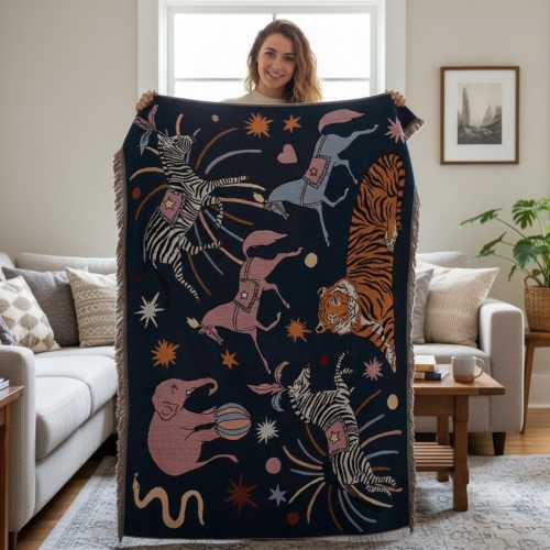 Animal Circus Woven Tapestry Throw: Dark Teal Fringe Blanket
