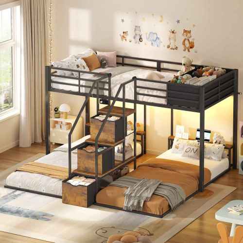 ADORNEVE Triple Bunk Bed with Storage Staircase and RGB Lights Metal Twin Over Twin Bed with Charging Station and Headboard Shelf