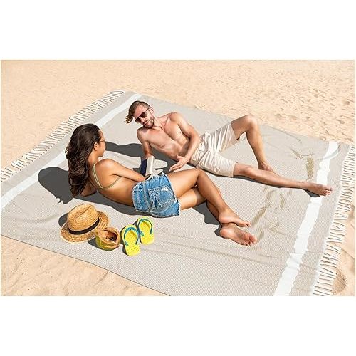 Oversized Turkish Beach Towel Blanket XXL Cotton Sandproof Towels Boho Woven Extra Large Big Sand Free Giant Throw Blankets Huge Quilt XL Picnic Camping Necessities Cloud For Adult Gifts Beige
