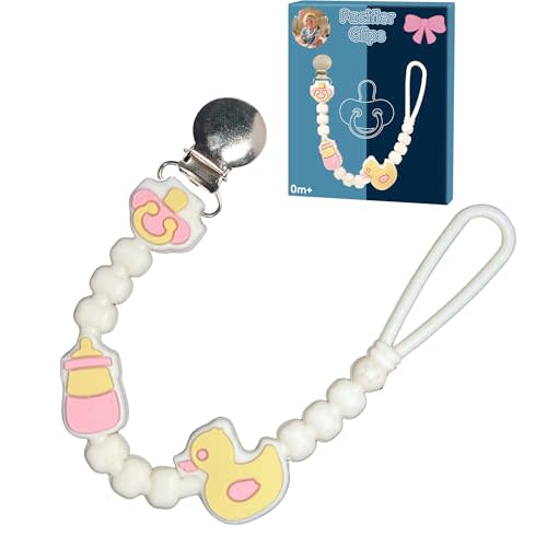 Baby Silicone Pacifier Clip Baby Gift 10.24 inch Duck Design Silicone Teether Holder, Teethers & Small Toys in Place; Pink and White Features One-Piece Design & Cord (Cute Duck Baby Bottle)