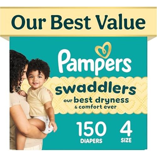 Pampers Swaddlers Diapers, Size 4 (15-34 lbs), 150 Count, Fragrance Free, Hypoallergenic, Absorbent, Pediatrician Recommended, Skin Safe
