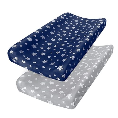 Changing Pad Cover for Boys Girls 2 Pack, Lovely Print Soft Unisex Diaper Change Table Sheets, Fit 32"x16" Contoured Pad, Comfy Cozy 2-Pack Cradle Sheets, Grey & Navy