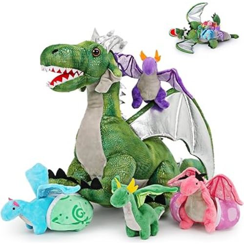 7Pcs Giant Green Dragon Plush Toy Set, 21.7" Big Mother Dragon Stuffed Animal with 4 Babies & 2 Eggs, Stuffed Dinosaurs for Kids Boys Girls, Cute Soft Plushies Gift for Birthday Christmas