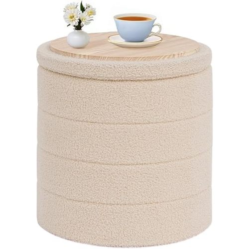 Round Ottoman with Storage, Boucle Ottoman Coffee Table, Foot Rest Footstool for Hallway, Living Room, Bedroom-Beige