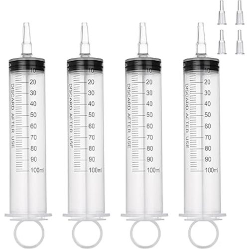 4 Pack 100mL Syringes, Large Plastic Syringe with Tip Adapter for Liquid, Dispensing, Watering, Scientific Labs,Measuring,Refilling