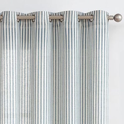 Vangao Linen Striped Curtains for Living Room Bedroom Farmhouse Tickingstripe Light Filtering Window Curtains Printed Drapes Grommet Top 2 Panels Blue W50 x L96 Inch