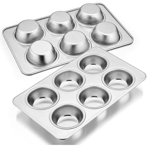 VeSteel Stainless Steel Muffin Pan Set of 2, Metal Cupcake Pan Tray for Baking, Non-Toxic, Dishwasher Safe - 6-Cup
