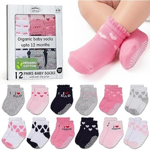 Mother's Choice Organic Cotton Baby Socks 6-12 Months - 12 pairs Soft and Cozy Newborn Pink Socks Gentle Newborn Gift Socks, Ideal Baby Registry Infant Footwear Daily Comfort and Little Feet Comfort