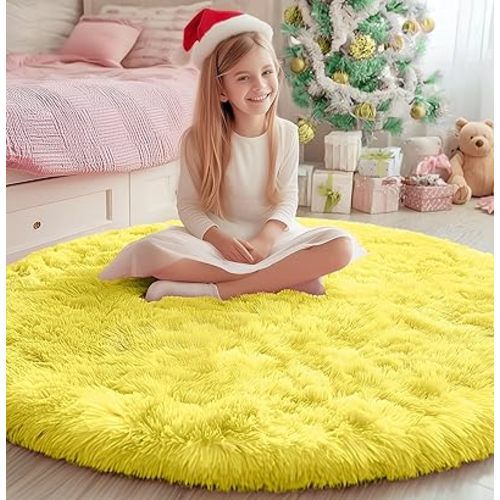 PAGISOFE Round Area Rugs 5Ft, Fluffy Yellow Carpets for Bedroom Girls,Cute Rug for Girls Room,Fuzzy Rug for Playroom,Circle Rugs for Kids Room,Shag Furry Carpet Rugs for Reading Nook, Baby Room