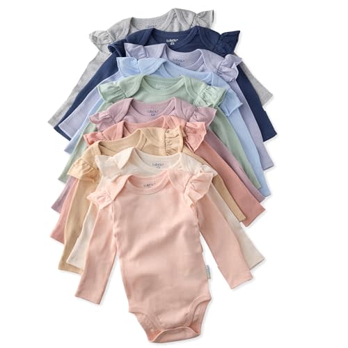 Butterblu Ashley 10-Pack Long Sleeve Ruffle Shoulder Bodysuits 100% Organic for Baby Girls