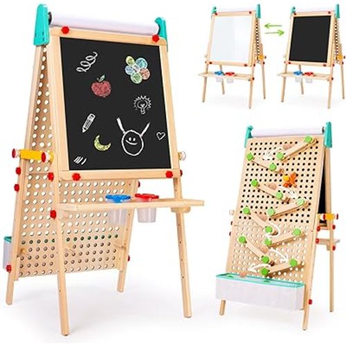 Wingyz 4-in-1 Adjustable Kids Art Easel with Magnetic Whiteboard & Chalkboard - Wooden Drawing Board with Marble Run for Kids- Creative Gift for Toddlers Ages 2-4, 4-8, 8-12