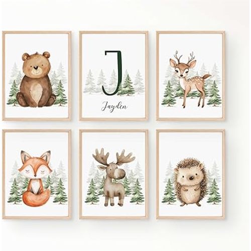 Personalized Safari, Wooland Animals for Baby Boys Nursery Bedroom Unframed Poster Prints, Personalized Name Green Forest Jungle Wall Art Decor New Baby Gift Present Bear Fox Deer (17x22, 6 prints)