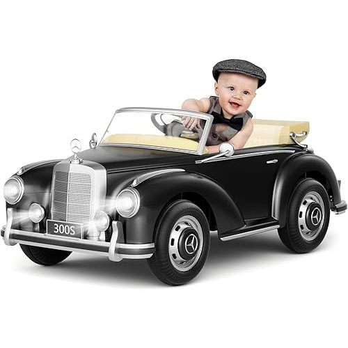 Glaf Kids Car Electric Ride on Toys with Remote Control Mercedes Benz 300S Vintage 12V Battery Powered Vehicle for Toddlers 3+ Boy Girl to Drive with MP3 USB 3 Speeds and LED Lights (Black)