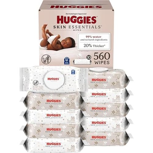 Huggies Skin Essentials Baby Wipes, Hypoallergenic, 99% Water, 10 Flip Top Packs (560 Wipes Total)