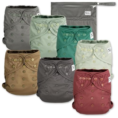Nora's Nursery Cloth Diaper Cover, Washable Reusable Diaper Cover with Snap Closure, Flat or Fitted - 7 Pack with Wet Bag - Hickory