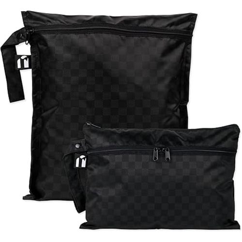 Bumkins - Waterproof Wet Bag & Wet/Dry Clutch Bags - For Beach, Baby, Travel, Swim Suit, Cloth Diapers, Pump Parts, Pool, Gym, Toiletries - Reusable & Easy to Clean - Black Check - 2 Pack
