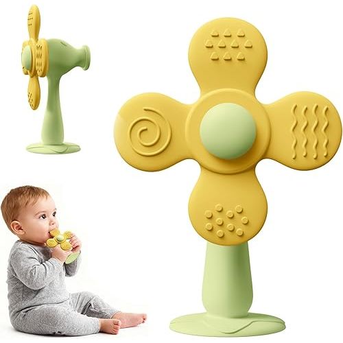 Windmill Baby Teething Toys, 2-in-1 Silicone Teether & Montessori Sensory Rattle Toy, BPA-Free Food Grade Baby Teether, 6-12 12-18 Toddler Boy Girl Essentials for Teething Relief, Green