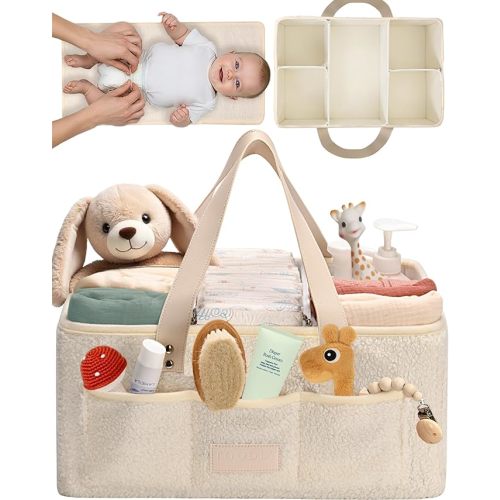 Baby Diaper Caddy Organizer with Portable Changing Mat - Teddy Fleece Diaper Organizer for Changing Table - Basket for Changing Essentials - Baby Essentials Organizer with Removable Dividers
