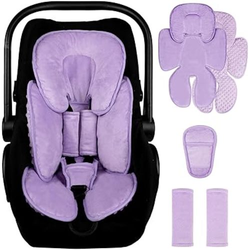 2 in 1 Infant Car Seat Insert Head and Body Support Set, Reversible Newborn Insert for Carseat with 3 Extra Strap Paddings, Soft Stroller Cushion Pillow Insert Girls, Fits for Stroller, Swing, Purple