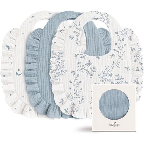Konssy 3-Pack Muslin Baby Girl Bibs, 100% Cotton with Ruffle Trim | Ultra Soft & Absorbent, Baby Essentials for Drooling and Teething, for Newborn, Infant & Toddler 0-36 Months