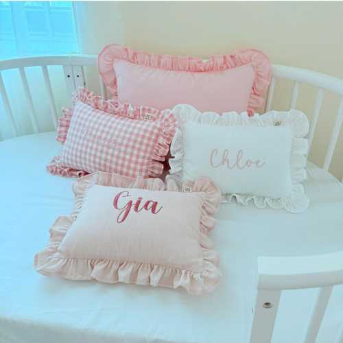 Custom Embroidered Baby Name Pillow with Ruffles | Linen Nursery Cushion | Baby Shower, Newborn, Baptism & Gender Reveal Gift