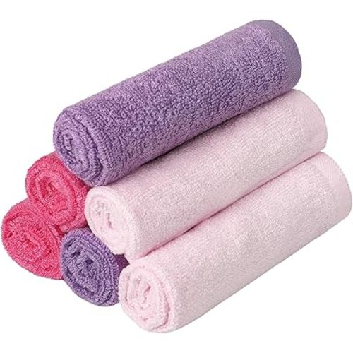 6 Pack Baby Girl Washcloths Bulk for Newborn, Extra Soft Face Bath Towel for Toddler, Absorbent Kids Wash Rag for Body, 70% Rayon Derived from Bamboo, 30% Cotton, 10"x10", Purple/Pink/Rose