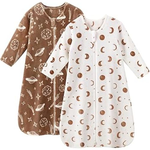 Fleece Baby Sleep Sack 0-6 Months Long Sleeve 2.0 Tog Baby Wearable Blanket with 2-Way Zipper Warm Sleeping Sack for Toddler Infant Newborn - Small White Brown Moon