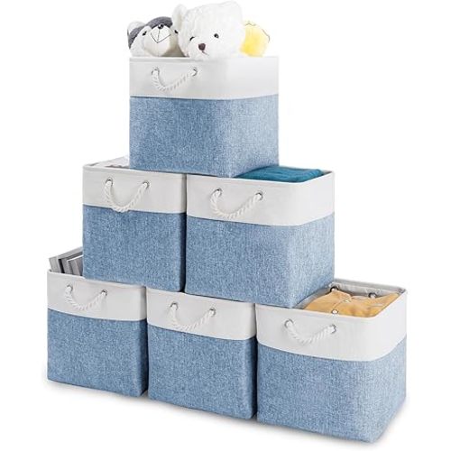 Oterri 6 Pack Cube Storage Bins, Foldable Storage Cubes, 11x11 Inch Fabric Cubes Storage Basket, Decorative Storage Basket for Home, Shelves, Nursery Organizers(Blue/White)