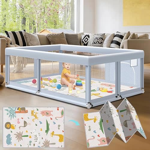 Fshibila 65" ×50" Large Baby Playpen with Mat, Baby Playard for Babies and Toddlers, Play Pens for Indoor & Outdoor, Sturdy Safety Play Yard with Soft Breathable Mesh, Anti-Fall, Grey
