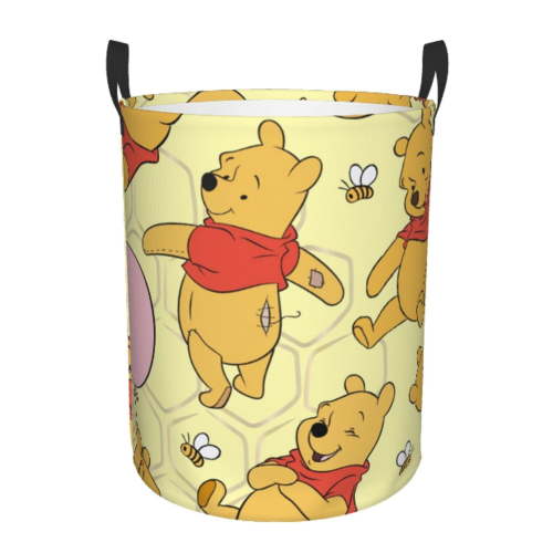 Winnie The Pooh Laundry Hamper with Handles, Foldable Waterproof Circular Basket, Kids Toys Dirty Clothes Storage Organizer Basket for Bedroom Bathroom Nursery Dorm Medium