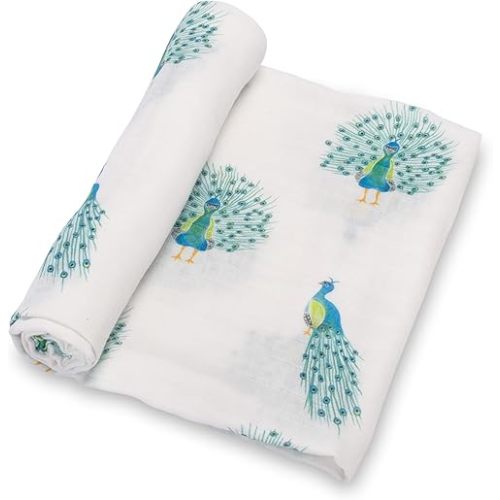 LollyBanks Baby Muslin Swaddle Blanket, Soft Baby Girl 47 x 47 Inches, Newborn Blanket for Girls, Registry (Peacock Print, Animal)