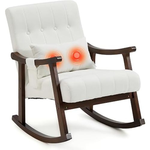 AVAWING Upholstered Rocking Chair, Small Glider Rocker with 2-Point Massage Lumbar Pillow and Solid Wood Legs, for Nursery and Living Room, Beige