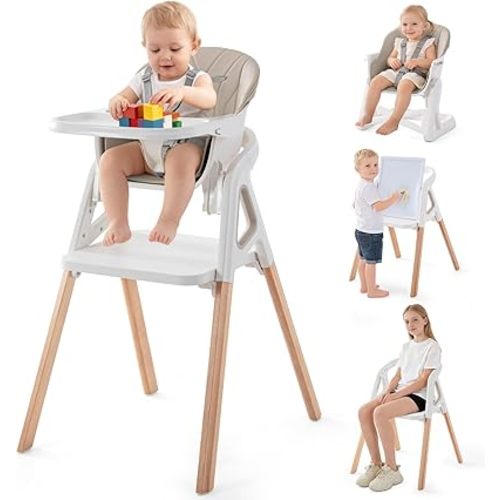 Baby High Chair, 4 in 1 Wooden Convertible High Chair for Babies and Toddlers with Erase Board, Highchair for Baby & Toddler, 5-Point Safety Belt & Waterproof PU Cushion (Beige)