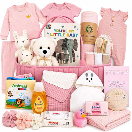 Premium New Baby Girl Gift Basket | Newborn Essentials Care Package in Diaper Caddy Bag Organizer | Plush Toy, Baby Clothes, Bath Set, Keepsakes, Pink & White